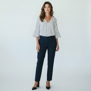 White House Black Market Bell Sleeve Striped V-Neck Blouse Navy White Size 2